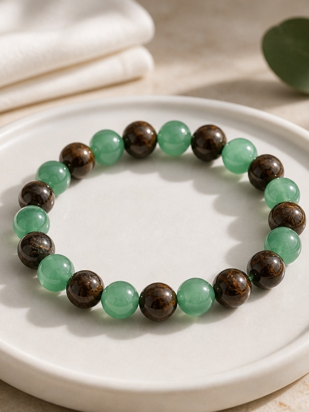 Green and Brown Beaded Stretch Bracelet — Women’s Natural Stone Style